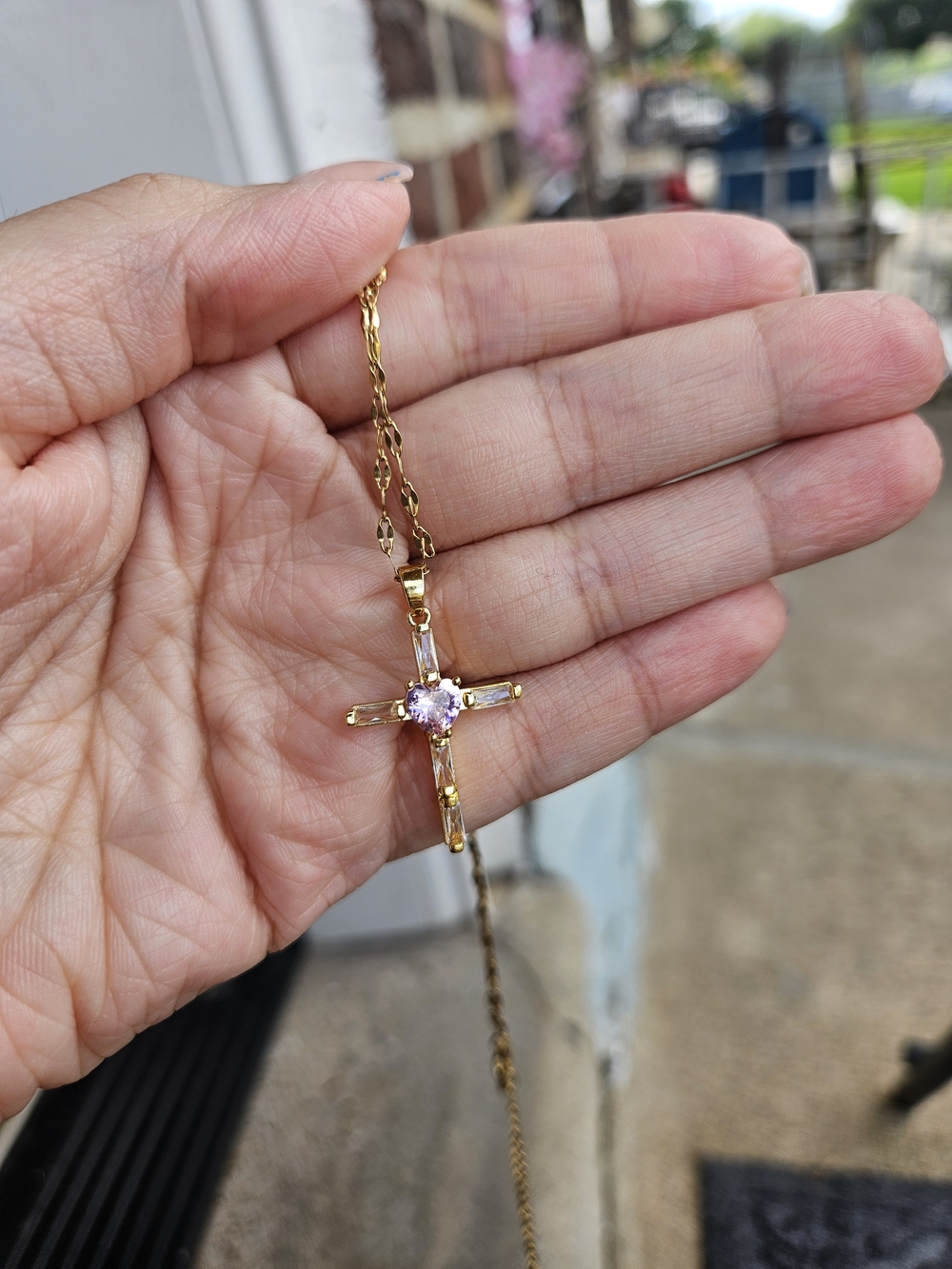 Gold Plated Cross Pendant Necklace with Pink Center Stone